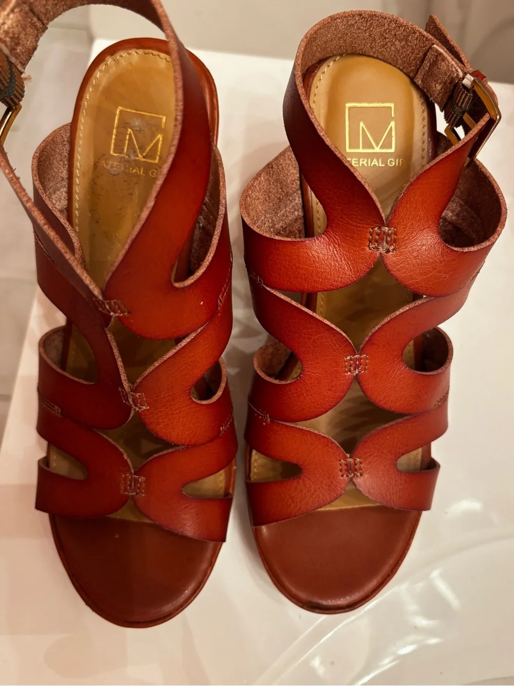 Material Girl Cognac Wedge Sandals with Cork Platform